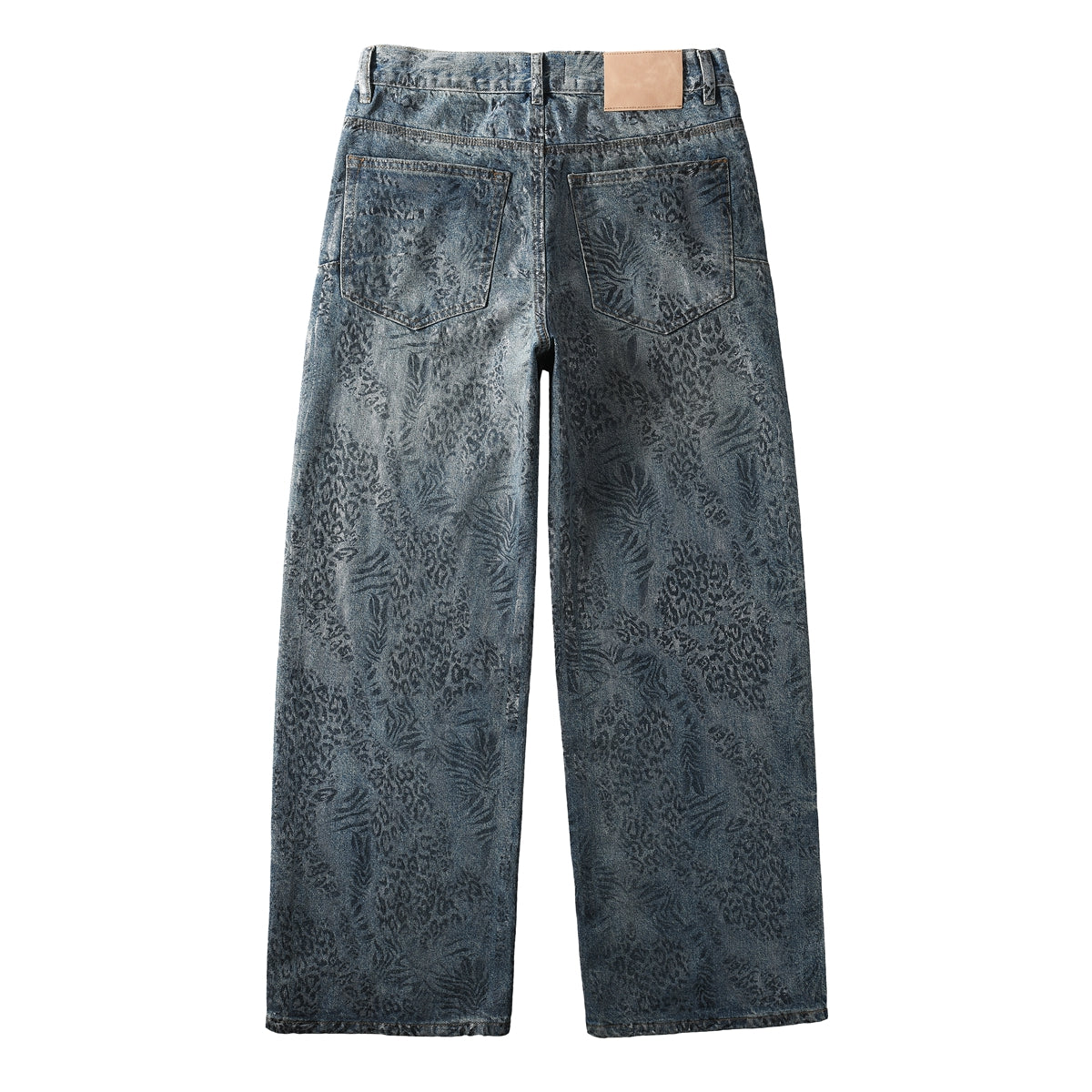 Vaqueros azules holgados de estilo urbano para hombre con lavado exclusivo con estampado de hojas de leopardo para un estilo urbano retro 100
