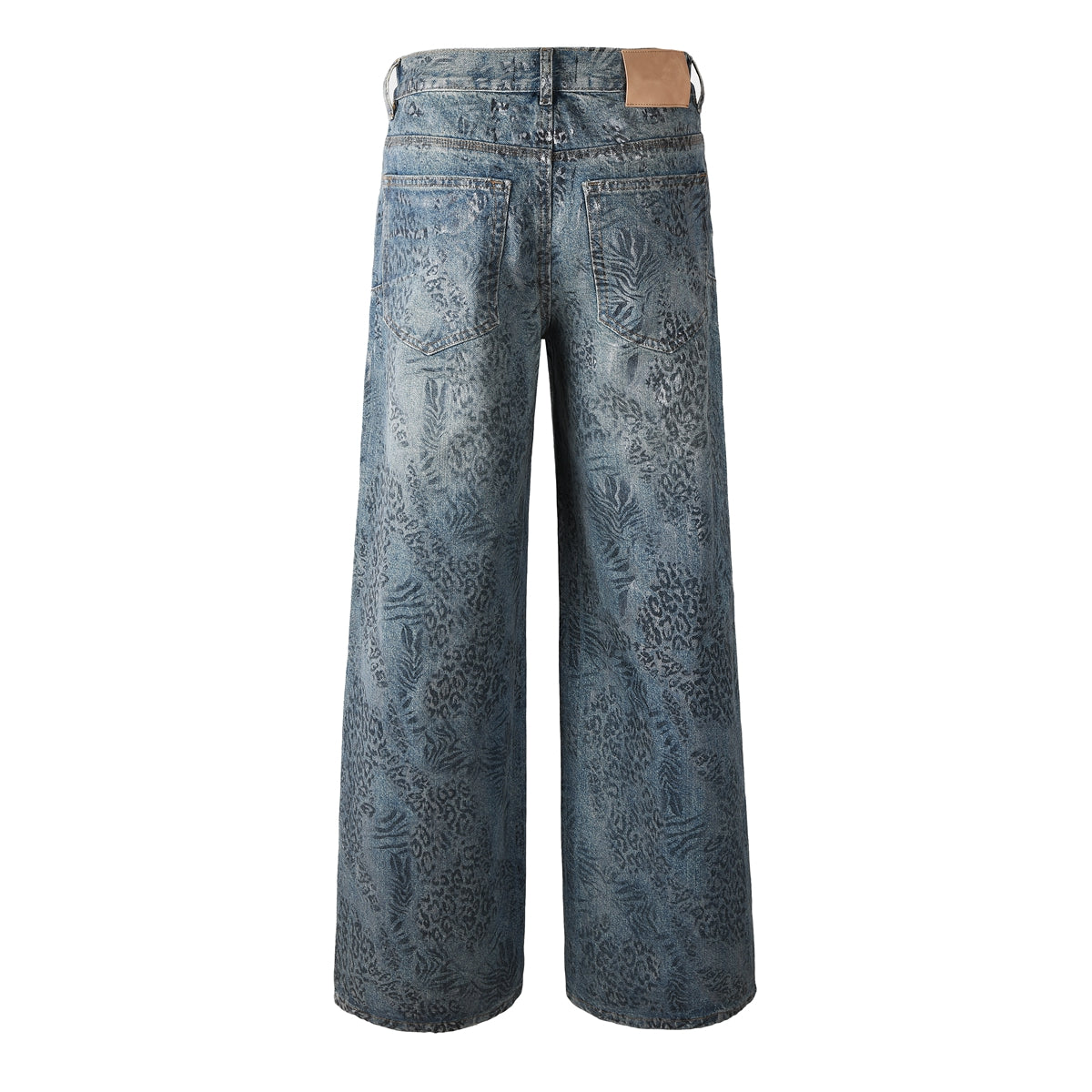 Vaqueros azules holgados de estilo urbano para hombre con lavado exclusivo con estampado de hojas de leopardo para un estilo urbano retro 100