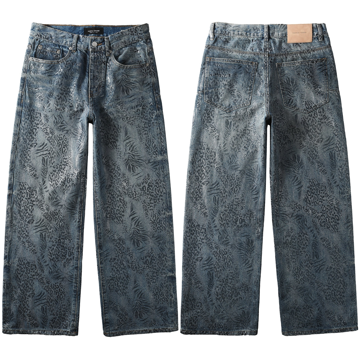 Vaqueros azules holgados de estilo urbano para hombre con lavado exclusivo con estampado de hojas de leopardo para un estilo urbano retro 100