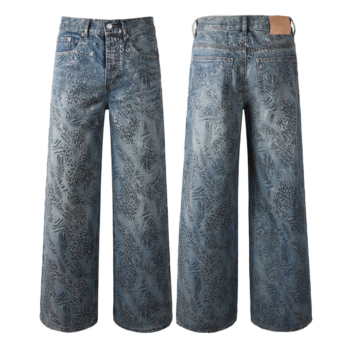 Vaqueros azules holgados de estilo urbano para hombre con lavado exclusivo con estampado de hojas de leopardo para un estilo urbano retro 100