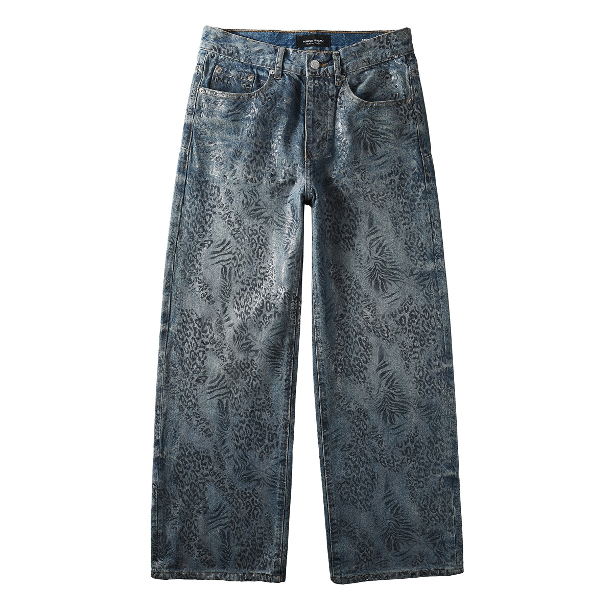 Vaqueros azules holgados de estilo urbano para hombre con lavado exclusivo con estampado de hojas de leopardo para un estilo urbano retro 100