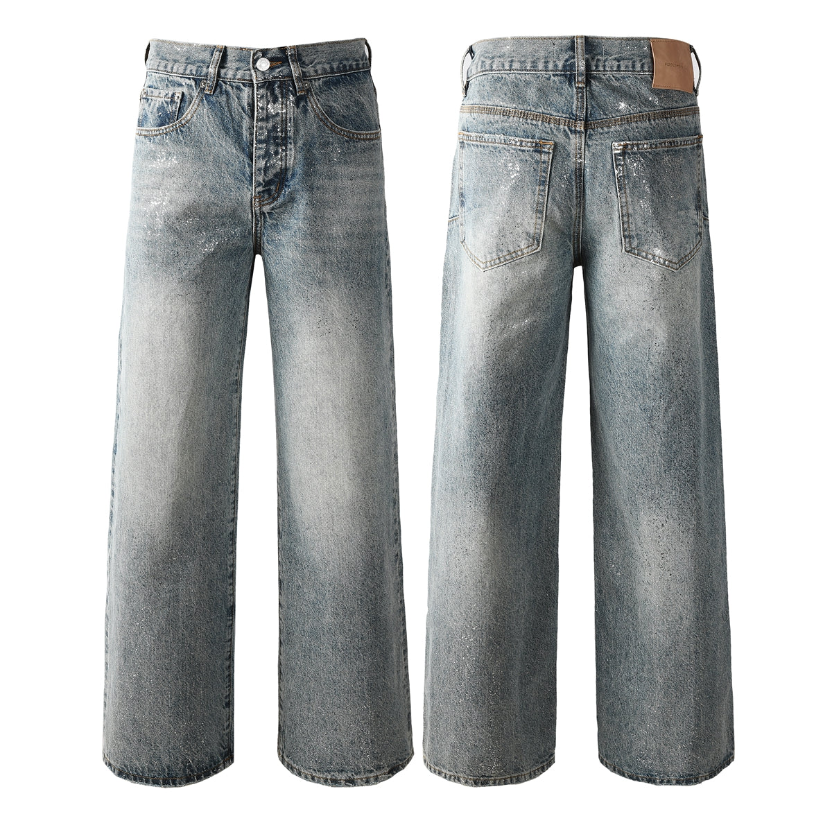 Vaqueros holgados de lavado claro para hombre con efecto descolorido y salpicaduras de pintura blanca clara. Diseño 101