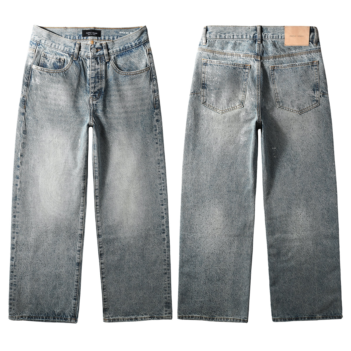Vaqueros holgados de lavado claro para hombre con efecto descolorido y salpicaduras de pintura blanca clara. Diseño 101