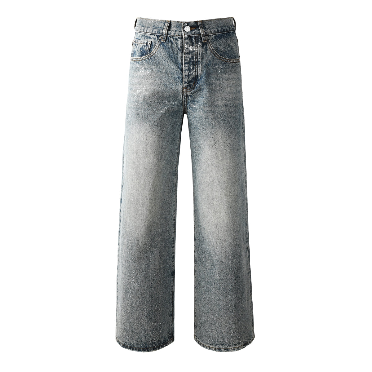 Vaqueros holgados de lavado claro para hombre con efecto descolorido y salpicaduras de pintura blanca clara. Diseño 101