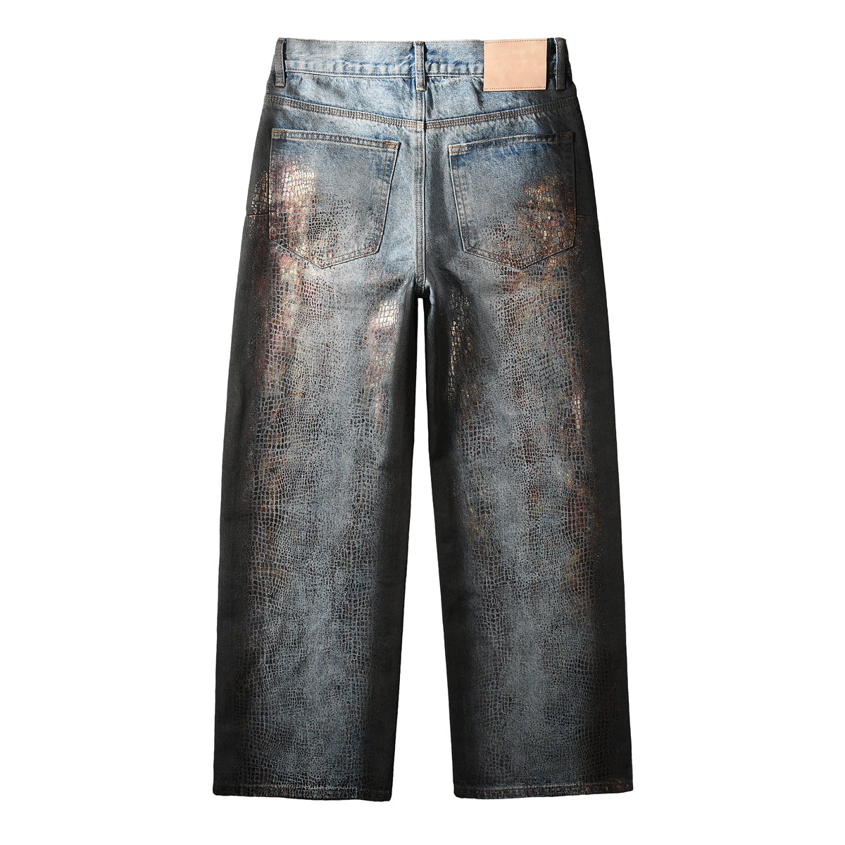 Jean bleu clair à jambe large pour homme, effet cuir imitation croco et délavé vintage, style urbain 102