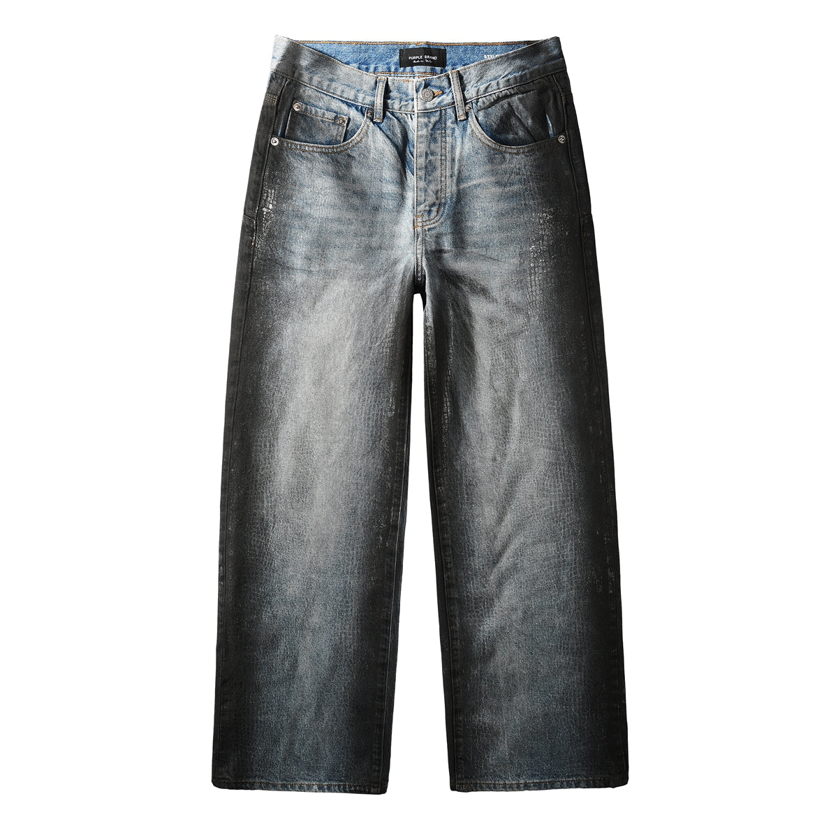 Jean bleu clair à jambe large pour homme, effet cuir imitation croco et délavé vintage, style urbain 102