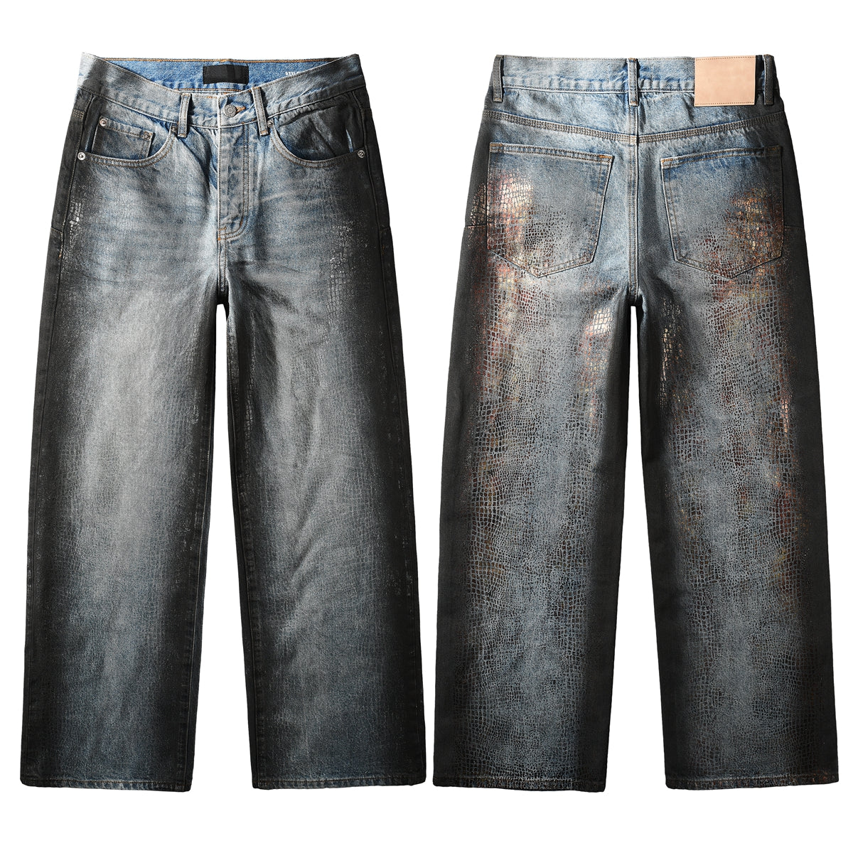 Jean bleu clair à jambe large pour homme, effet cuir imitation croco et délavé vintage, style urbain 102