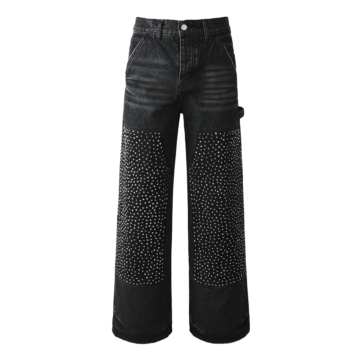 Vaqueros negros de pierna ancha para hombre con paneles frontales con tachuelas y diseño inspirado en ropa de trabajo urbana 104