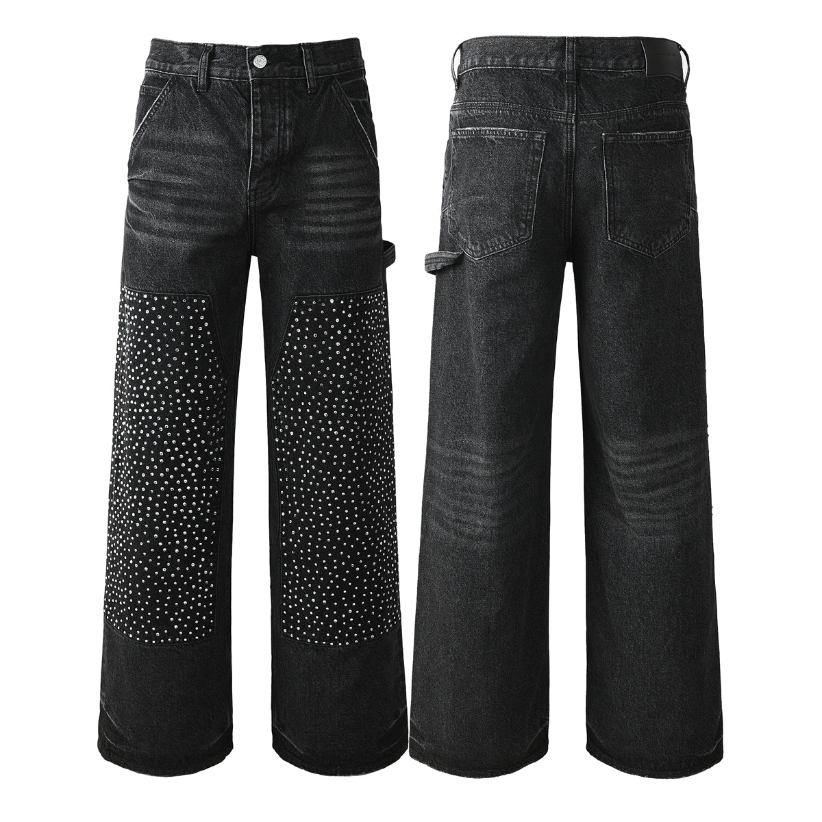 Vaqueros negros de pierna ancha para hombre con paneles frontales con tachuelas y diseño inspirado en ropa de trabajo urbana 104