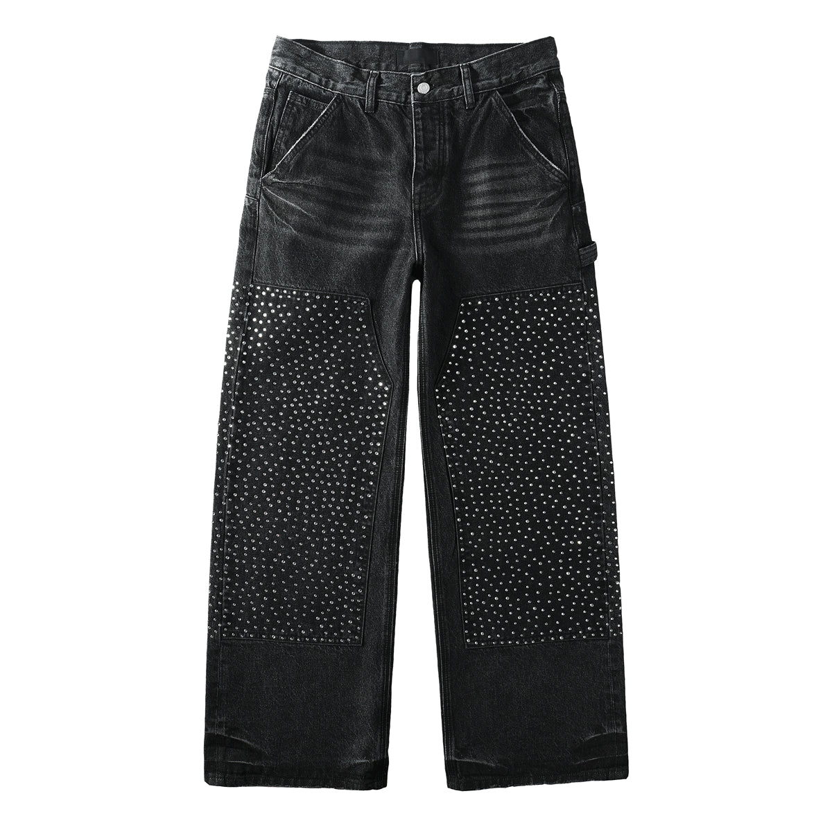 Vaqueros negros de pierna ancha para hombre con paneles frontales con tachuelas y diseño inspirado en ropa de trabajo urbana 104