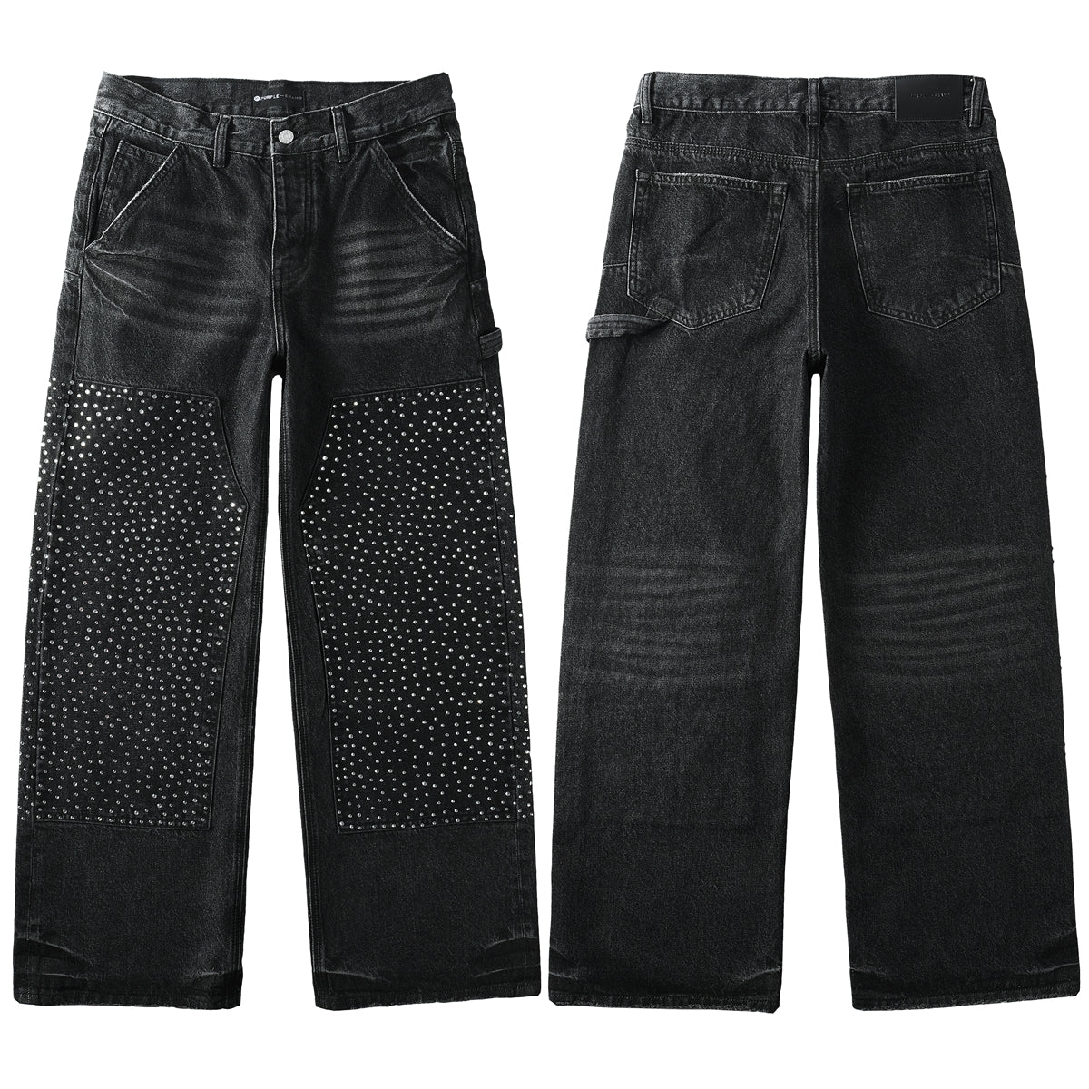 Vaqueros negros de pierna ancha para hombre con paneles frontales con tachuelas y diseño inspirado en ropa de trabajo urbana 104