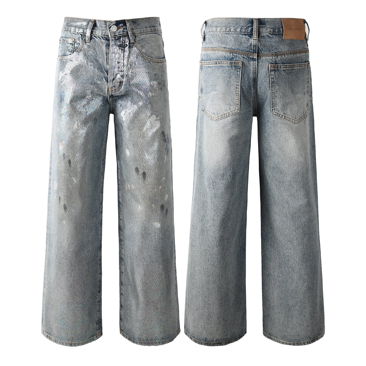 Jean ample tendance pour homme en denim bleu clair avec brillance holographique et base vintage délavée 108