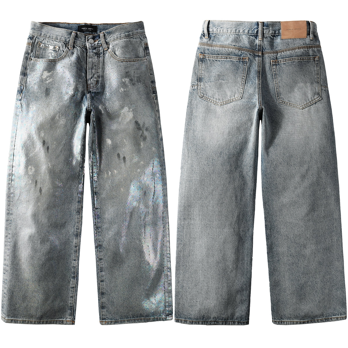 Jean ample tendance pour homme en denim bleu clair avec brillance holographique et base vintage délavée 108