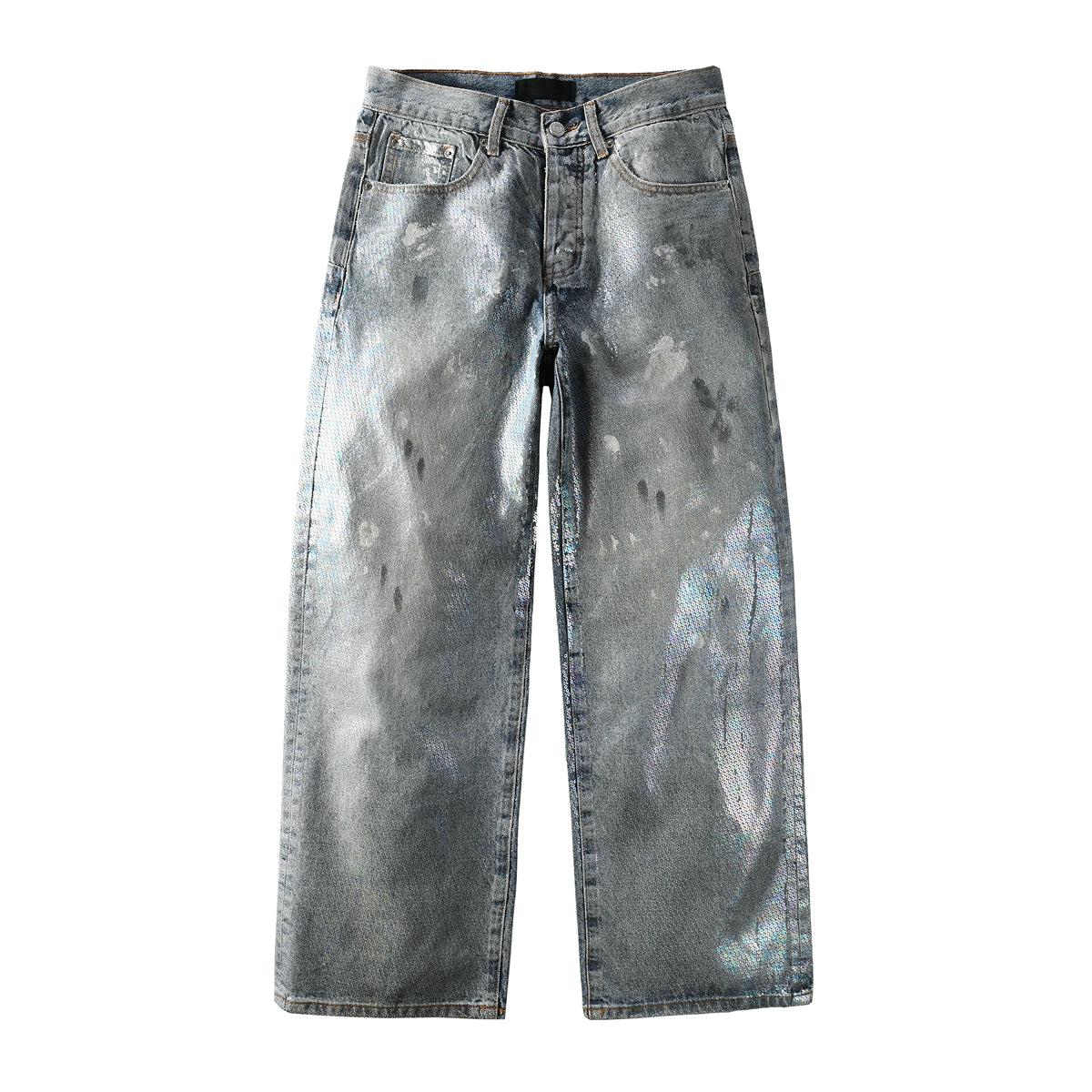 Jean ample tendance pour homme en denim bleu clair avec brillance holographique et base vintage délavée 108