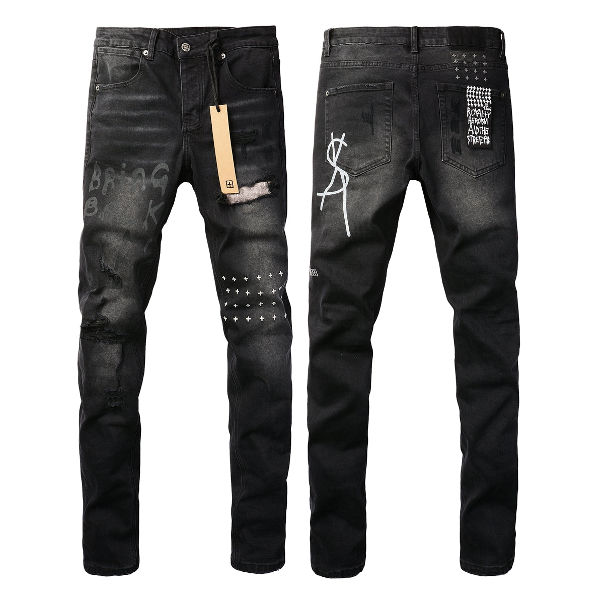 Pantalón vaquero negro de corte ajustado con detalles desgastados 3015