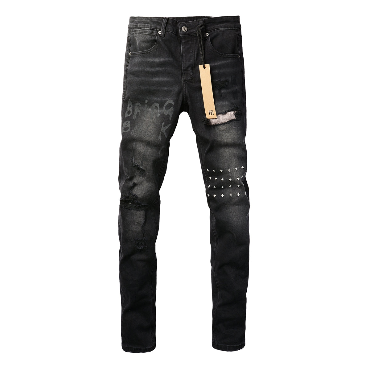 Pantalón vaquero negro de corte ajustado con detalles desgastados 3015