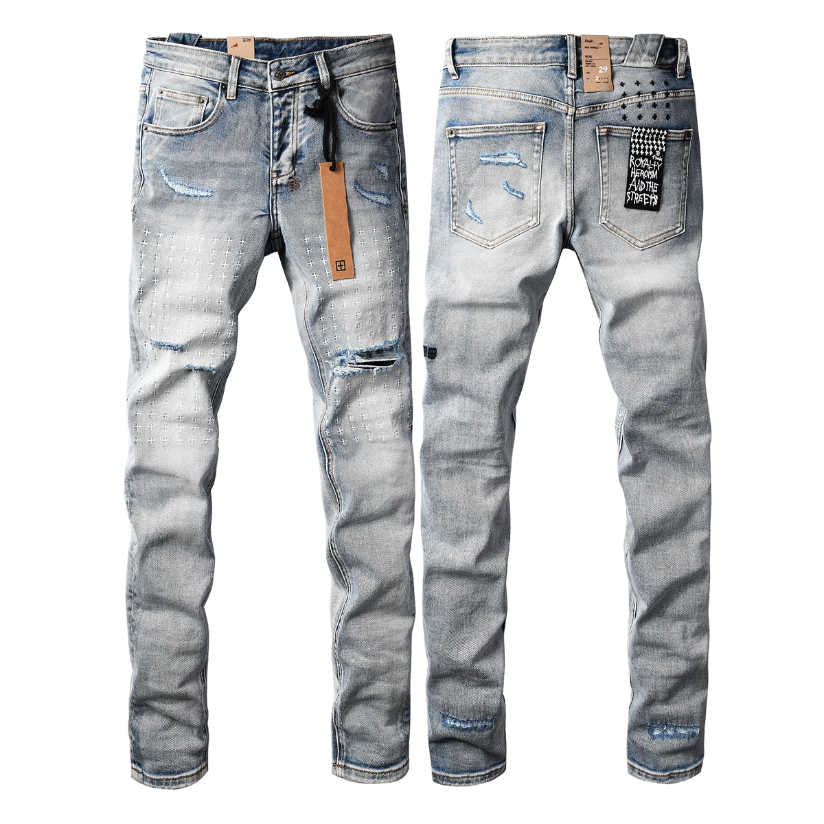 Men's Light Blue Slim Fit Distressed Jeans with Decorative Stitching, Graphic Patchwork, and Urban Street Style 3047
