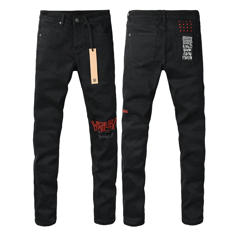 Men's Fashion Black Jeans Graphic Logo Print Skinny Fit Stretch Denim Streetwear Long Pants 3060