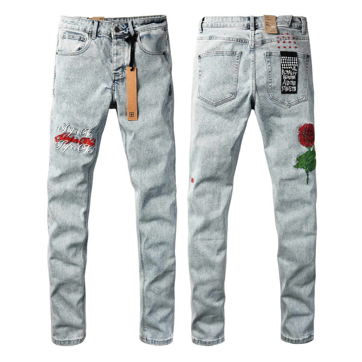 Men's Light Wash Embroidered Rose Jeans Slim Fit Denim Pants Letter Graphic Streetwear Casual Fashion Trousers 3062