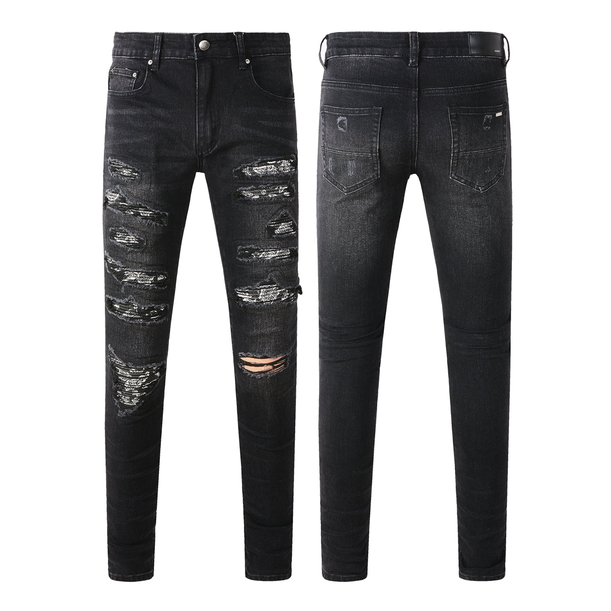 Jean noir moulant pour homme avec patchs cachemire et détails vieillis 669