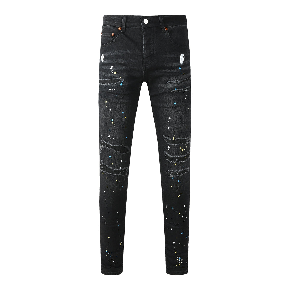 Vaqueros negros ajustados y rotos para hombre con efecto salpicado de pintura multicolor y detalles desgarrados 9121