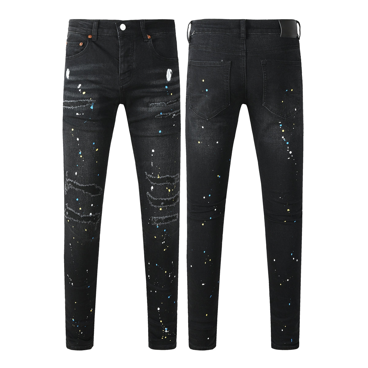 Vaqueros negros ajustados y rotos para hombre con efecto salpicado de pintura multicolor y detalles desgarrados 9121