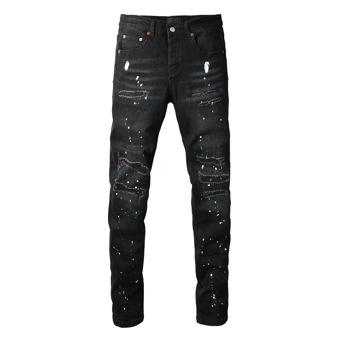 Vaqueros negros ajustados y rotos para hombre con efecto salpicado de pintura multicolor y detalles desgarrados 9121