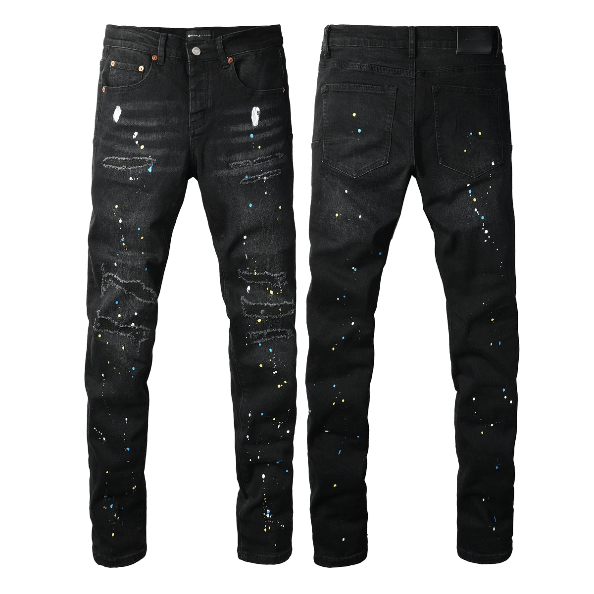 Vaqueros negros ajustados y rotos para hombre con efecto salpicado de pintura multicolor y detalles desgarrados 9121