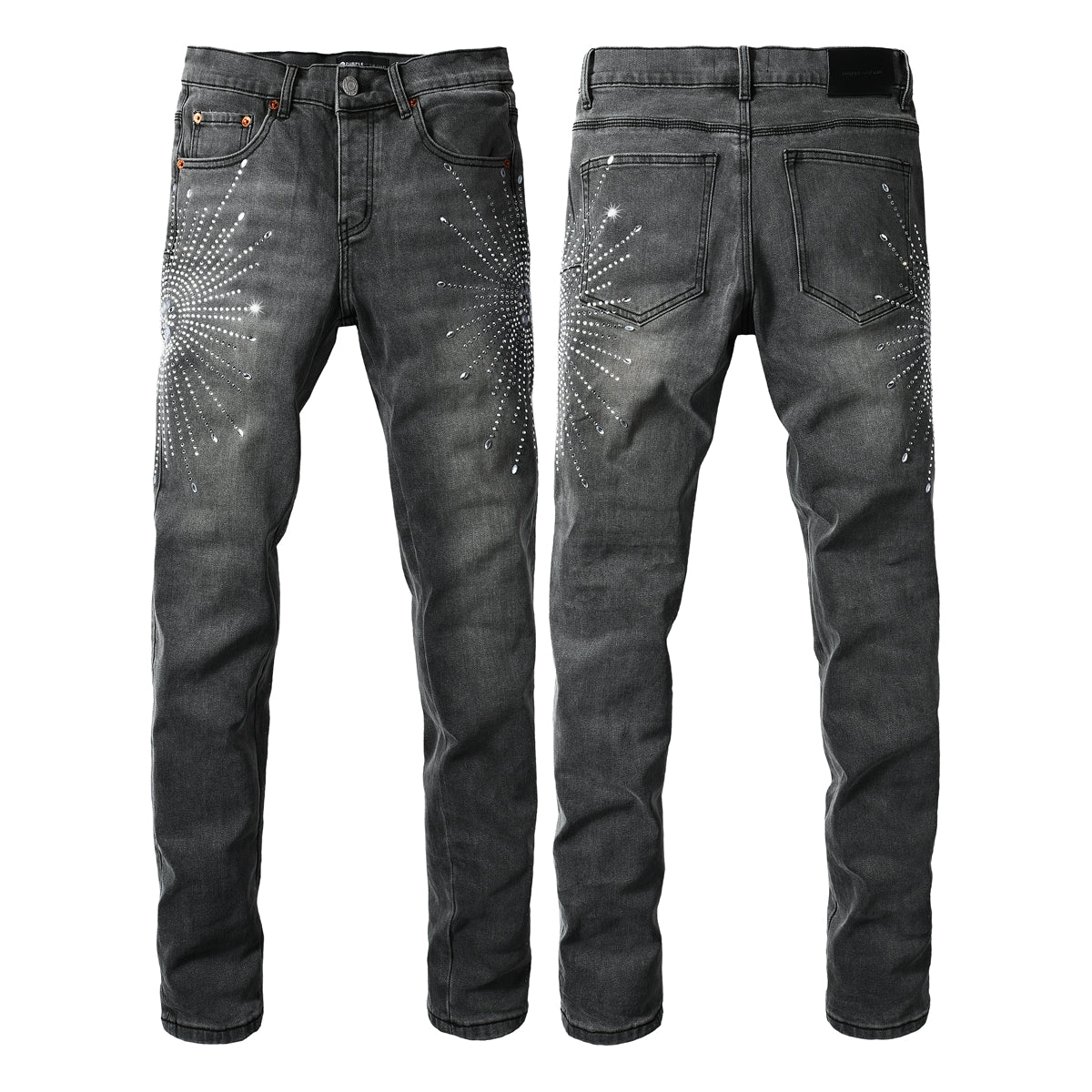 Vaqueros grises ajustados y modernos para hombre con estampado de estrellas de diamantes de imitación brillantes en la parte delantera y trasera 9123