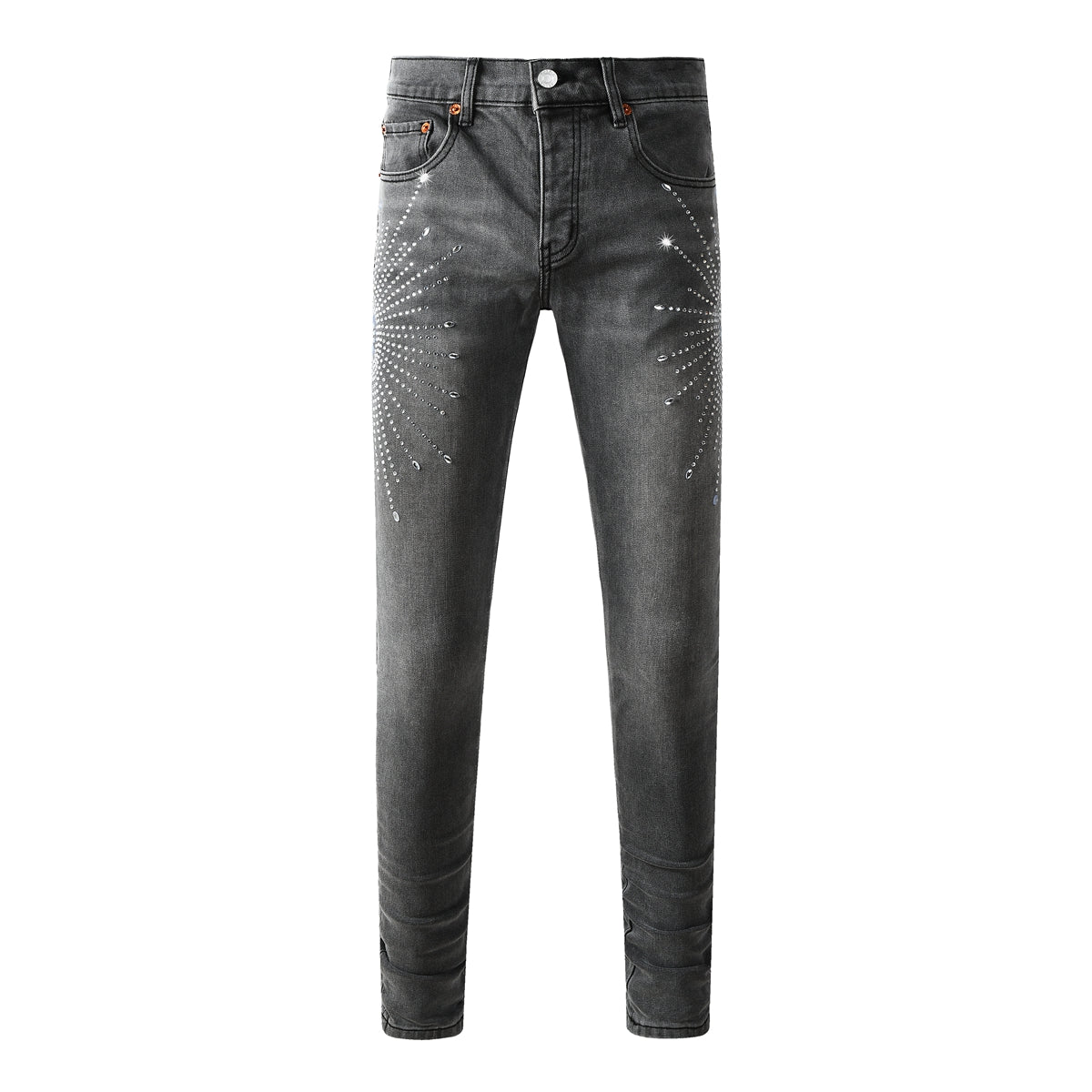 Vaqueros grises ajustados y modernos para hombre con estampado de estrellas de diamantes de imitación brillantes en la parte delantera y trasera 9123