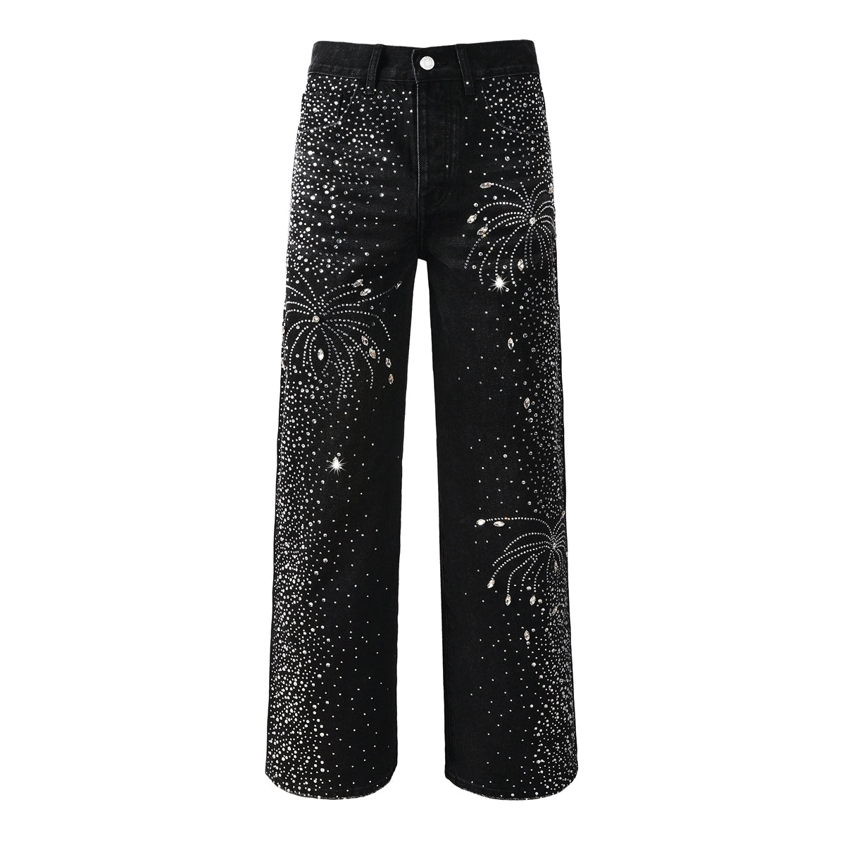 Vaqueros negros de diseño para hombre, de pierna recta, con un deslumbrante look inspirado en el cielo nocturno de los fuegos artificiales de cristal 9125