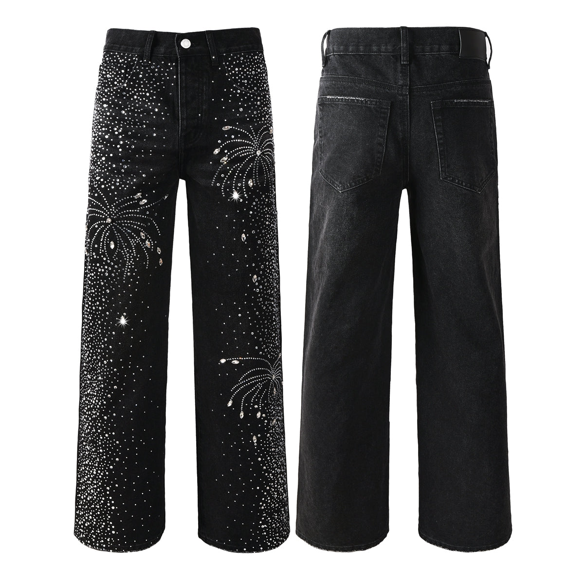 Vaqueros negros de diseño para hombre, de pierna recta, con un deslumbrante look inspirado en el cielo nocturno de los fuegos artificiales de cristal 9125