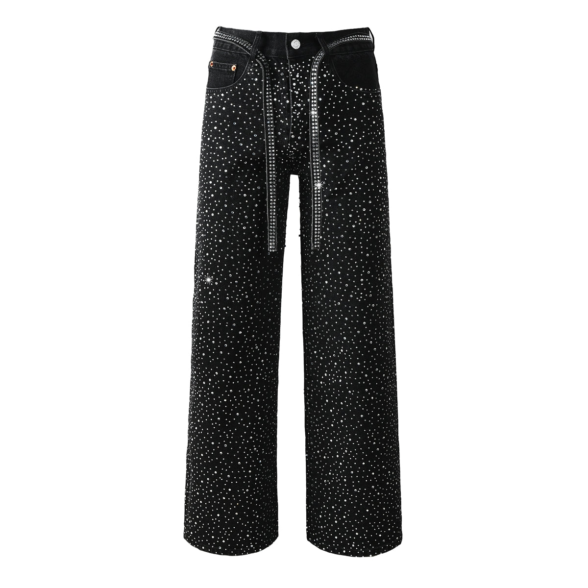 Vaqueros negros holgados de moda para hombre con tachuelas de cristal brillante y tiras decorativas delanteras 9128