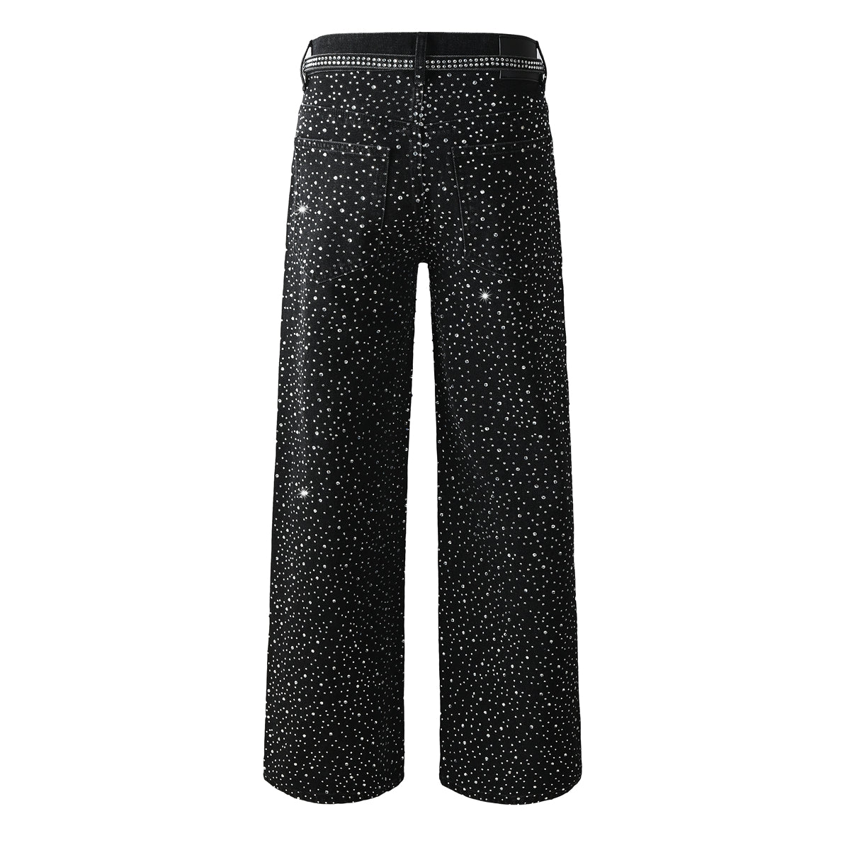 Vaqueros negros holgados de moda para hombre con tachuelas de cristal brillante y tiras decorativas delanteras 9128