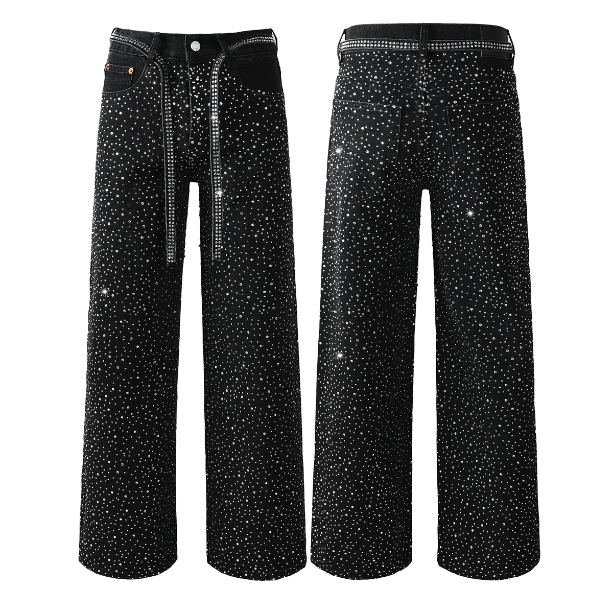 Vaqueros negros holgados de moda para hombre con tachuelas de cristal brillante y tiras decorativas delanteras 9128