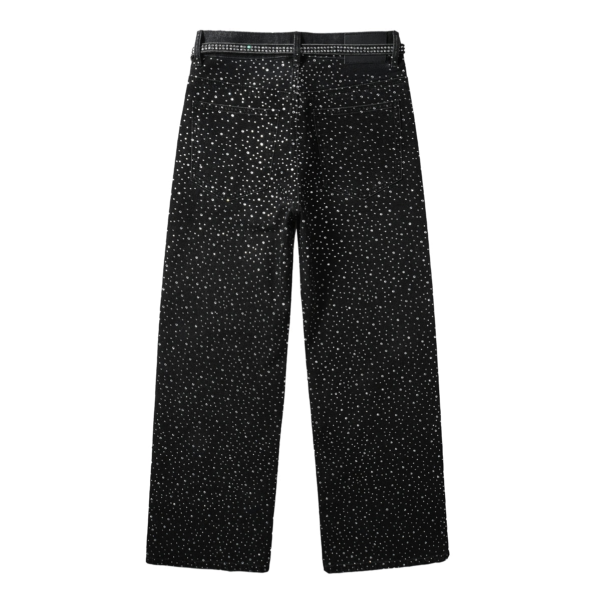 Vaqueros negros holgados de moda para hombre con tachuelas de cristal brillante y tiras decorativas delanteras 9128