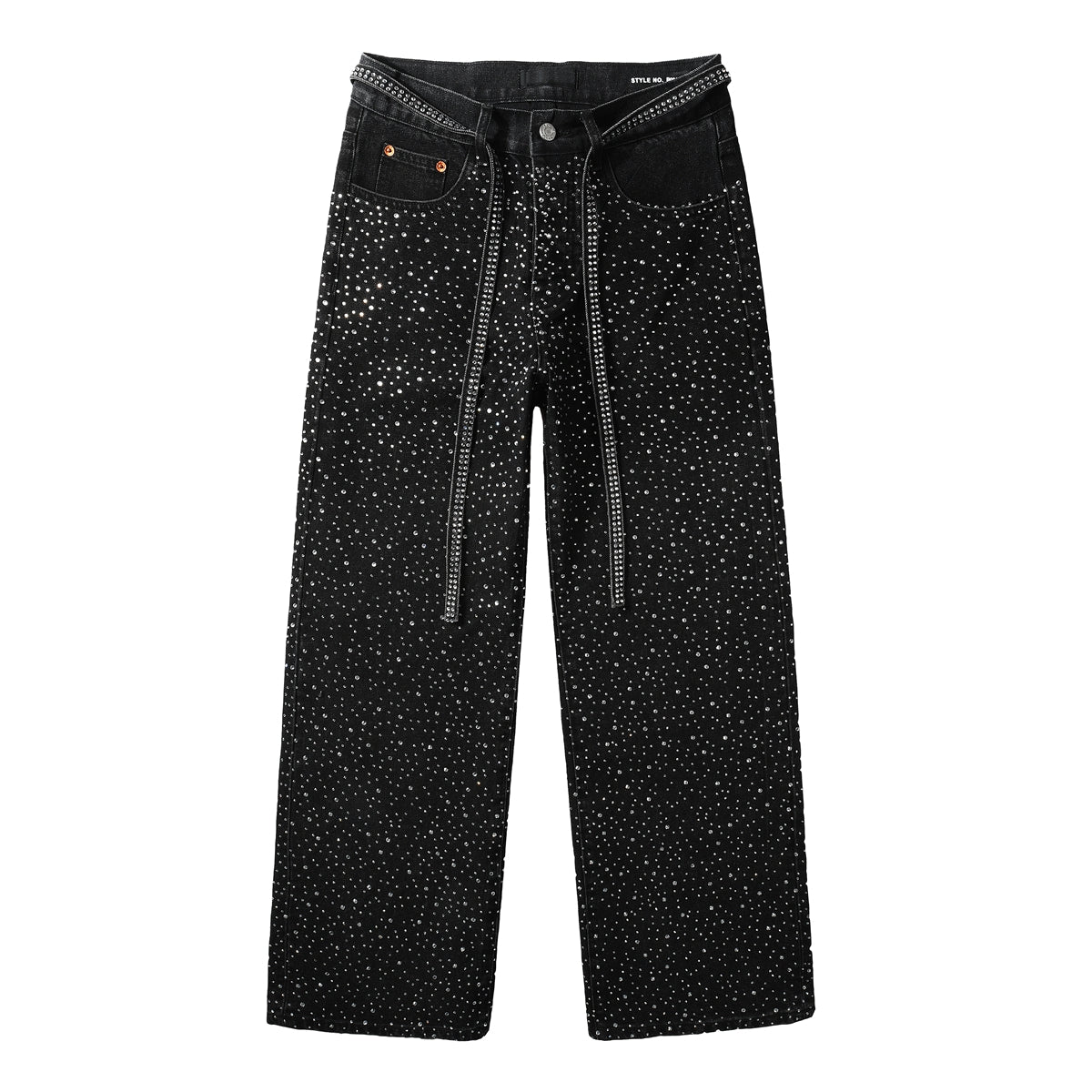 Vaqueros negros holgados de moda para hombre con tachuelas de cristal brillante y tiras decorativas delanteras 9128