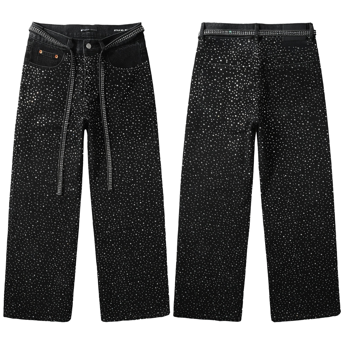 Vaqueros negros holgados de moda para hombre con tachuelas de cristal brillante y tiras decorativas delanteras 9128
