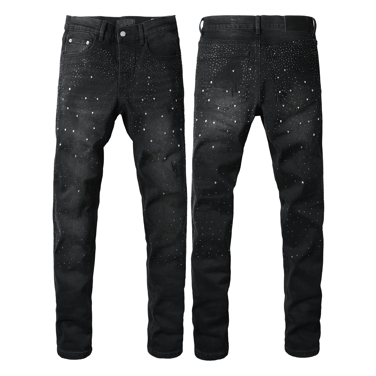 Vaqueros negros ajustados para hombre con adornos de diamantes de imitación degradados, denim brillante inspirado en el cielo nocturno 9130