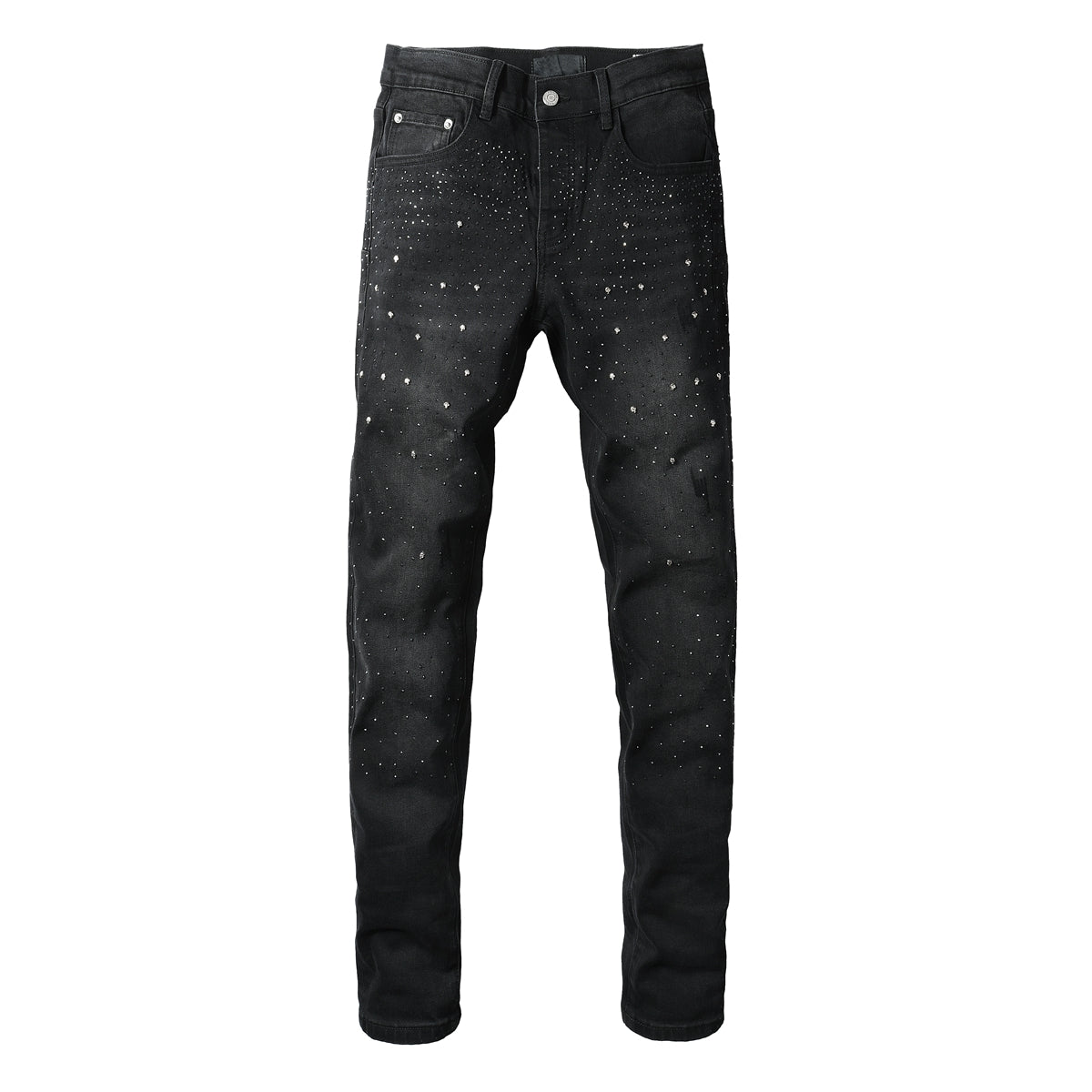 Vaqueros negros ajustados para hombre con adornos de diamantes de imitación degradados, denim brillante inspirado en el cielo nocturno 9130