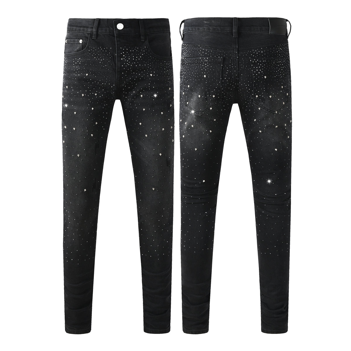 Vaqueros negros ajustados para hombre con adornos de diamantes de imitación degradados, denim brillante inspirado en el cielo nocturno 9130