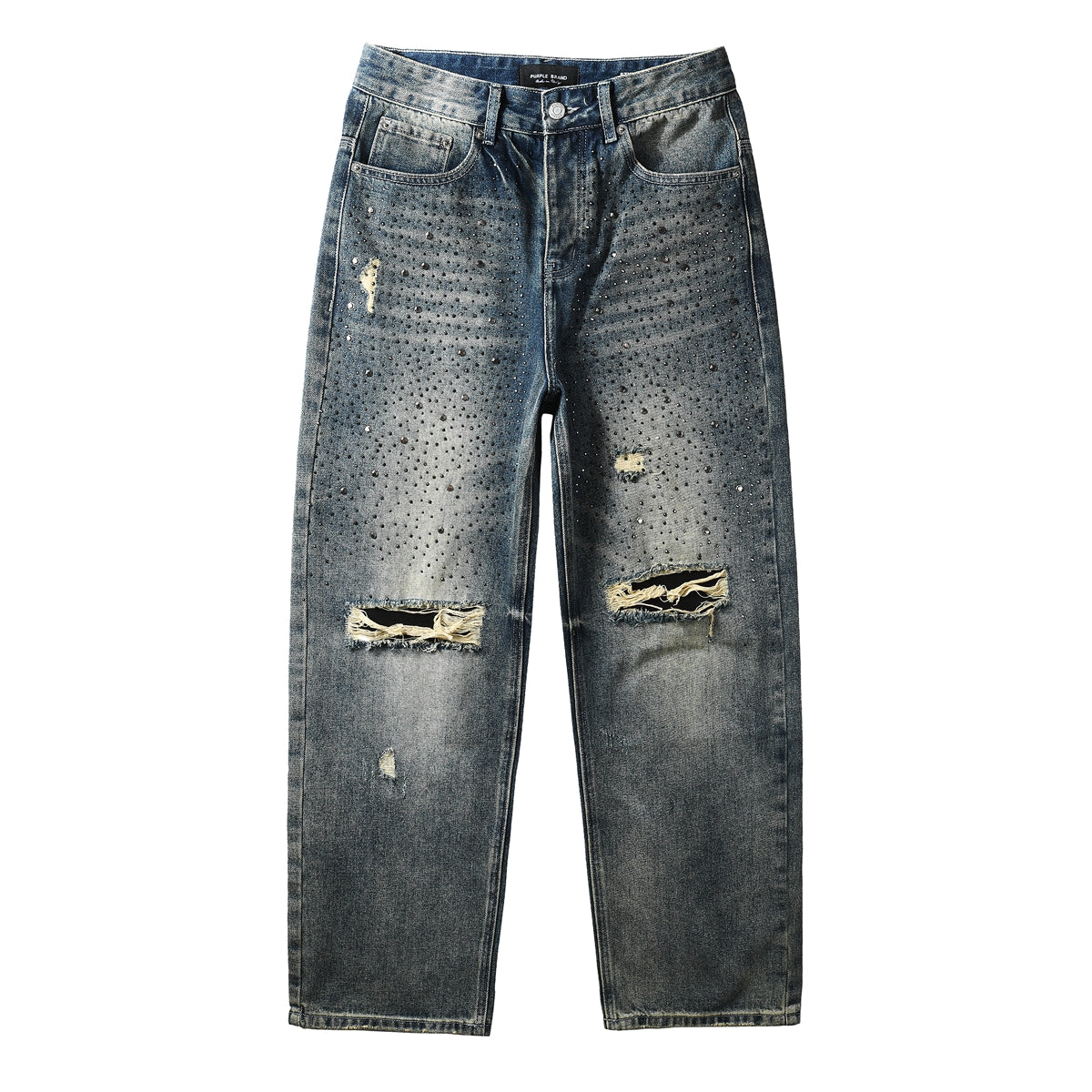 Vaqueros azules lavados de diseñador para hombre, corte holgado, con adornos de cristal y un aspecto desgastado y atrevido 9131