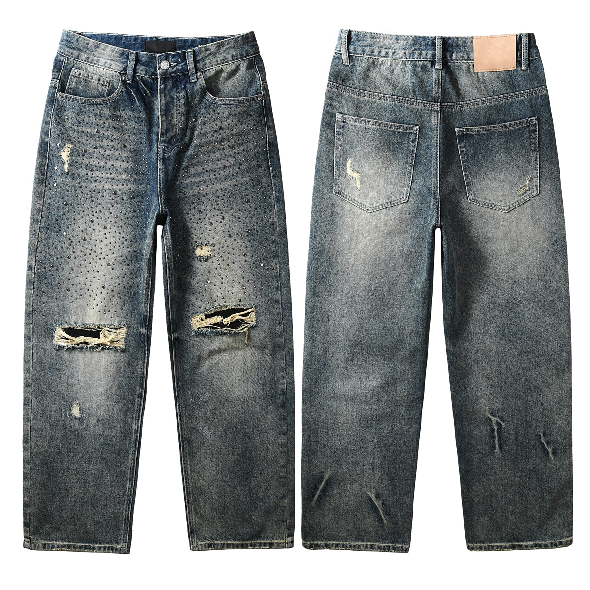 Vaqueros azules lavados de diseñador para hombre, corte holgado, con adornos de cristal y un aspecto desgastado y atrevido 9131