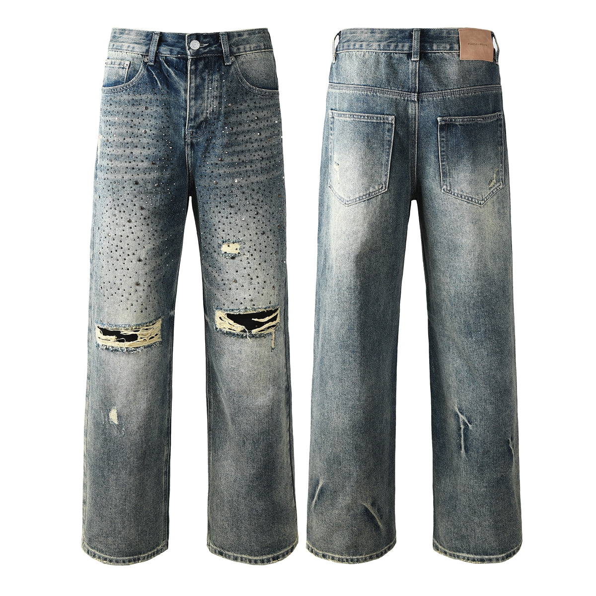 Vaqueros azules lavados de diseñador para hombre, corte holgado, con adornos de cristal y un aspecto desgastado y atrevido 9131