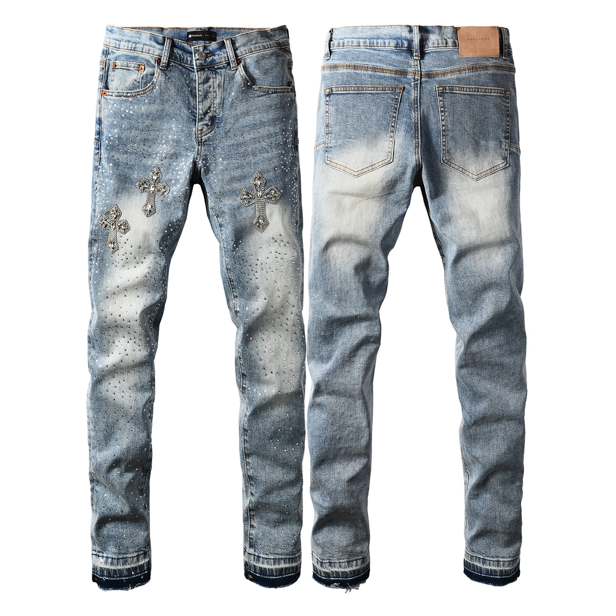 Jean skinny bleu clair pour homme avec motif croix en cristal et strass sur toute la surface 9132