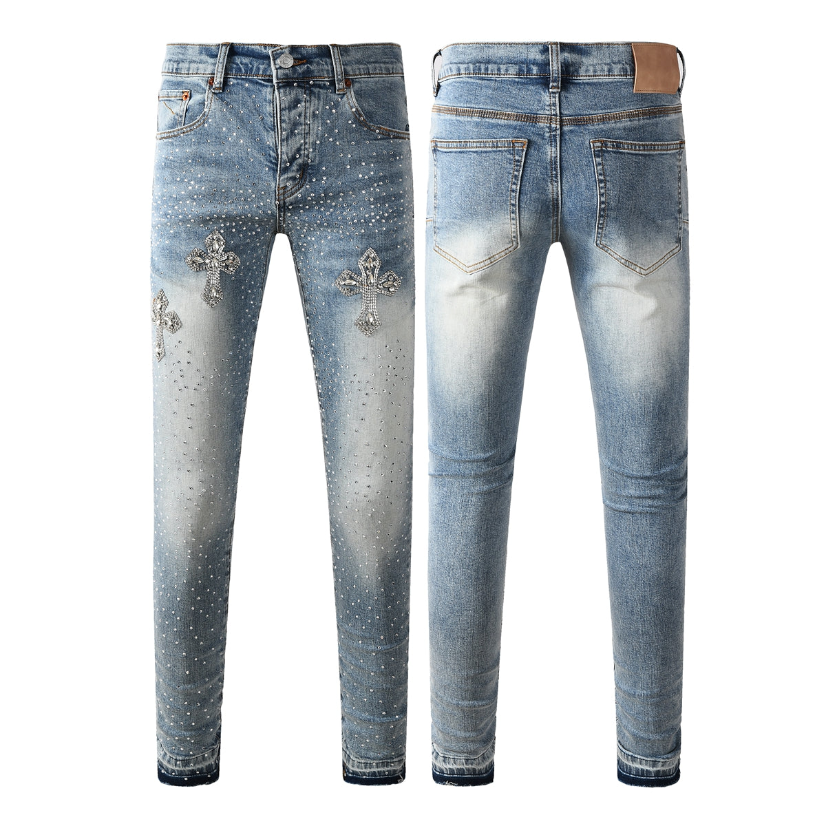 Jean skinny bleu clair pour homme avec motif croix en cristal et strass sur toute la surface 9132