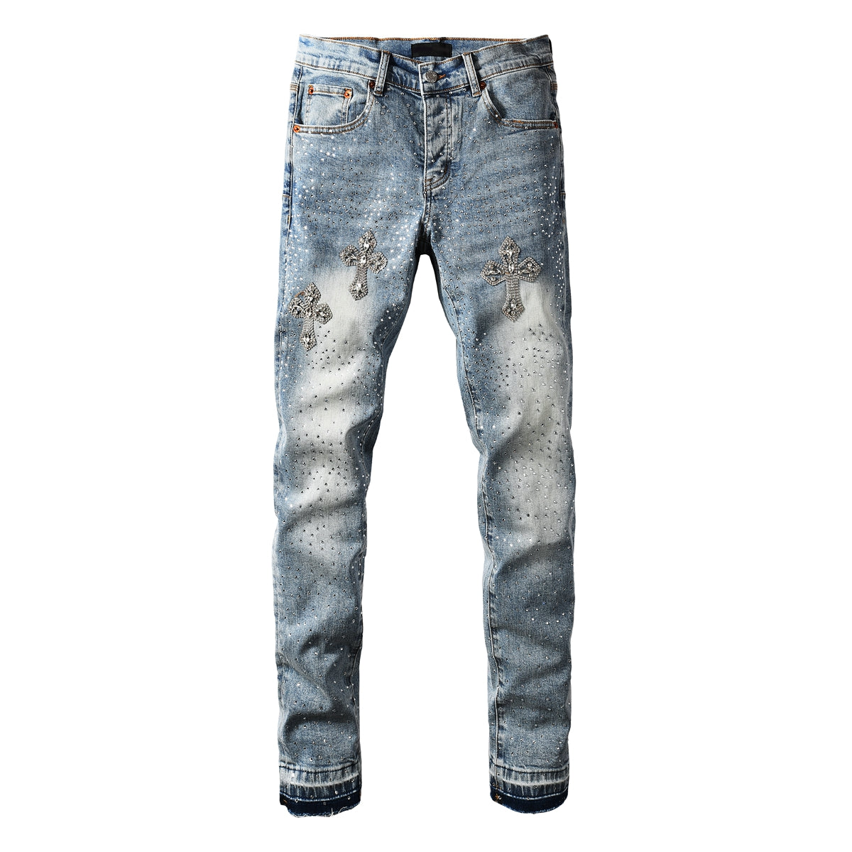Jean skinny bleu clair pour homme avec motif croix en cristal et strass sur toute la surface 9132