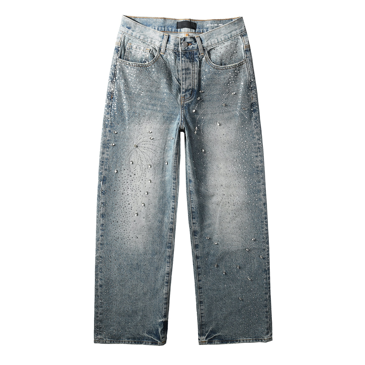 Jean large délavé vintage pour homme avec motif feu d'artifice en cristal et strass sur toute la surface 9133