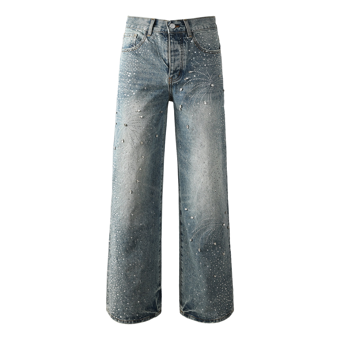 Jean large délavé vintage pour homme avec motif feu d'artifice en cristal et strass sur toute la surface 9133