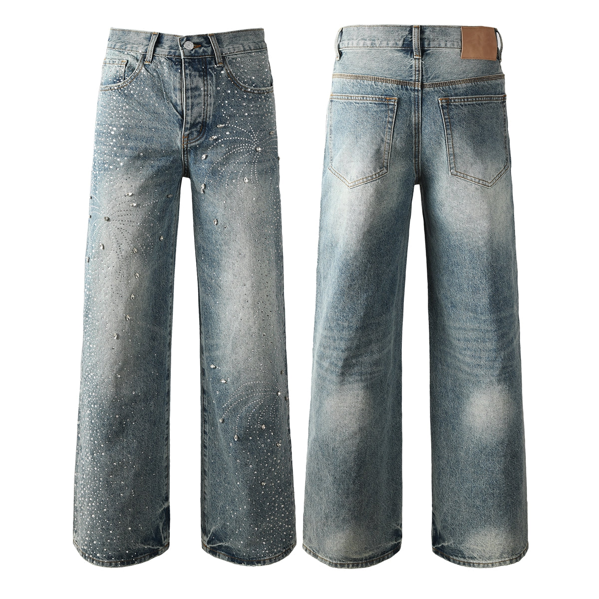 Jean large délavé vintage pour homme avec motif feu d'artifice en cristal et strass sur toute la surface 9133